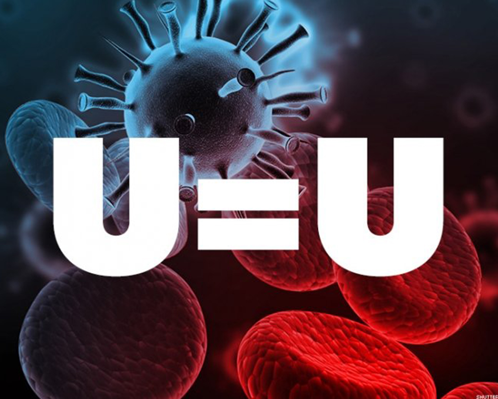 Big white letters spelling U equals U are in the forefront. In the background is a depiction of blood cells and a virus.